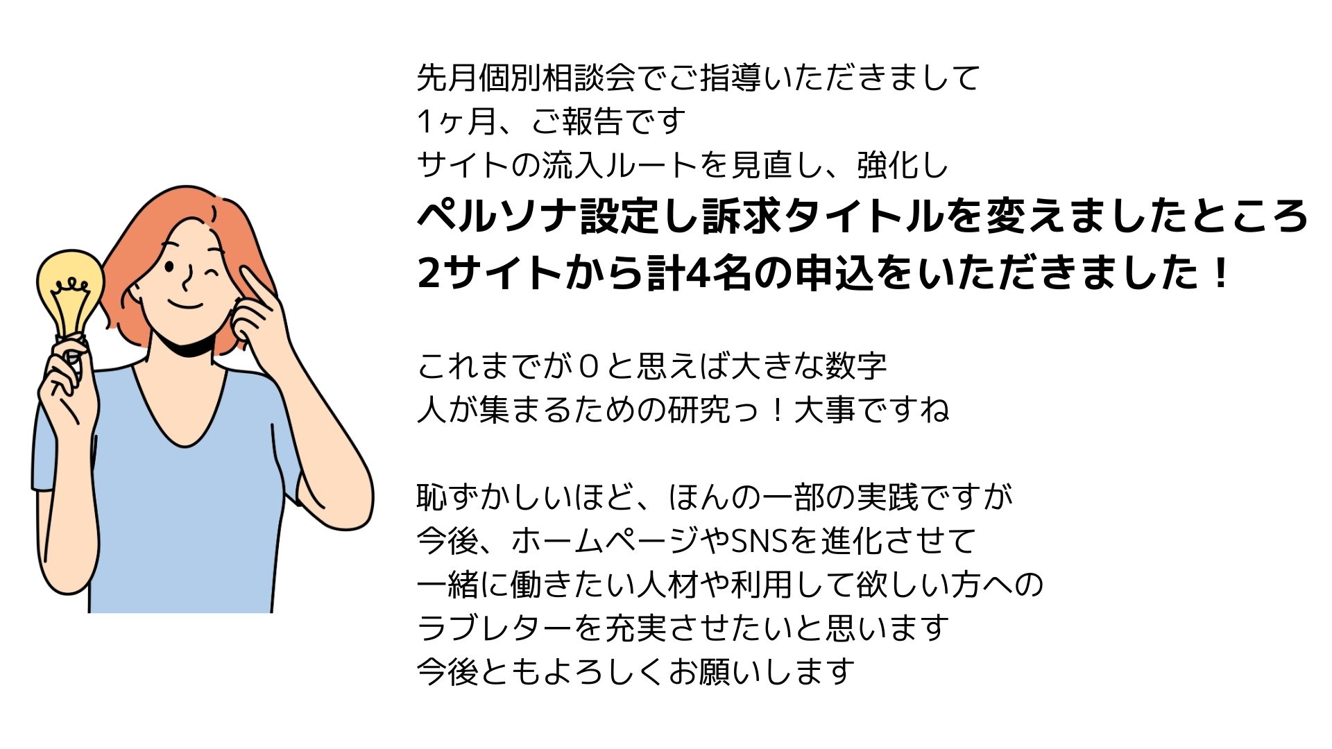 先月個別相談会でご指導いただきまして
1ヶ月、ご報告です
サイトの流入ルートを見直し、強化し
ペルソナ設定し訴求タイトルを変えましたところ
2サイトから計4名の申込をいただきました！
これまでが０と思えば大きな数字
人が集まるための研究っ！大事ですね
恥ずかしいほど、ほんの一部の実践ですが
今後、ホームページやSNSを進化させて
一緒に働きたい人材や利用して欲しい方への
ラブレターを充実させたいと思います
今後ともよろしくお願いします