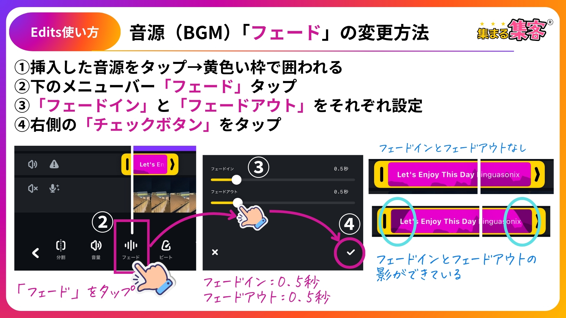 Editsアプリ音源（BGM）フェードの変更方法手順画面