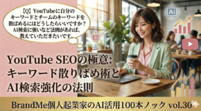 【Q】YouTubeに自分のキーワードとチームのキーワードを散りばめるにはどうしたらいいですか？検索に強いなど法則があれば、教えていただきたいです。｜BrandMe個人起業家のAI活用100本ノック vol.30