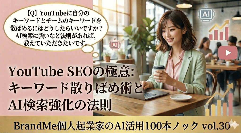 【Q】YouTubeに自分のキーワードとチームのキーワードを散りばめるにはどうしたらいいですか？検索に強いなど法則があれば、教えていただきたいです。｜BrandMe個人起業家のAI活用100本ノック vol.30