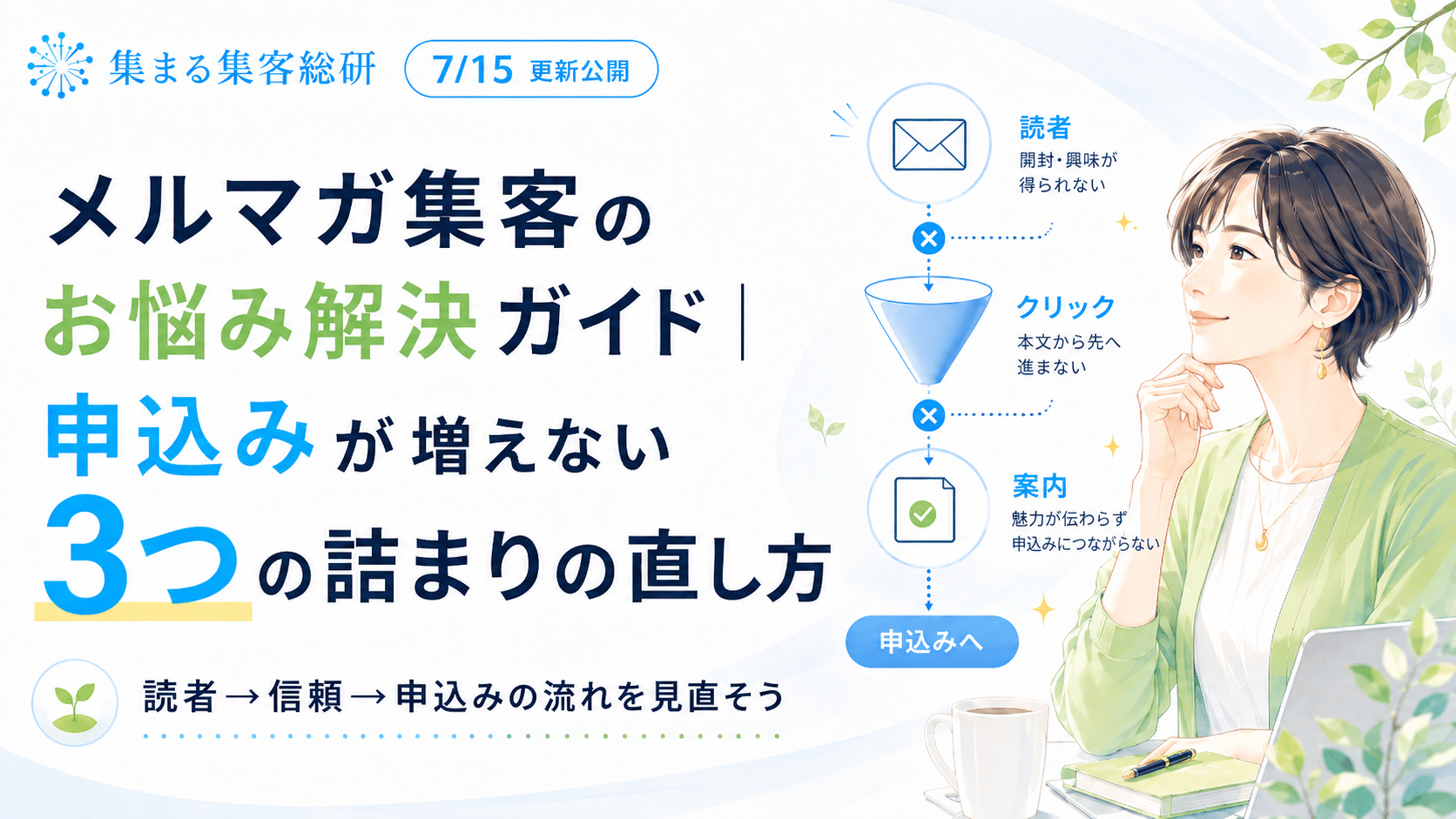 メルマガ集客のお悩み解決ガイド|申込みが増えない3つの詰まりの直し方(集まる集客総研・長瀬葉弓)