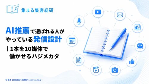 AI推薦で選ばれる人がやっている発信設計｜1本を10媒体で働かせるハジメカタ｜アイキャッチ © 集まる集客総研