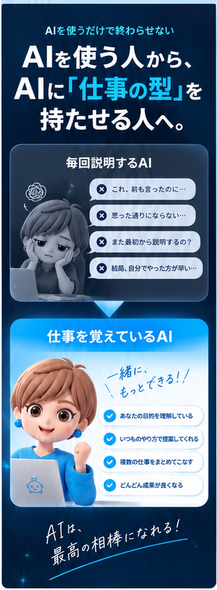 AIを使う人から、AIに「仕事の型」を持たせる人へ|毎回説明するAIと、仕事を覚えているAIのちがい