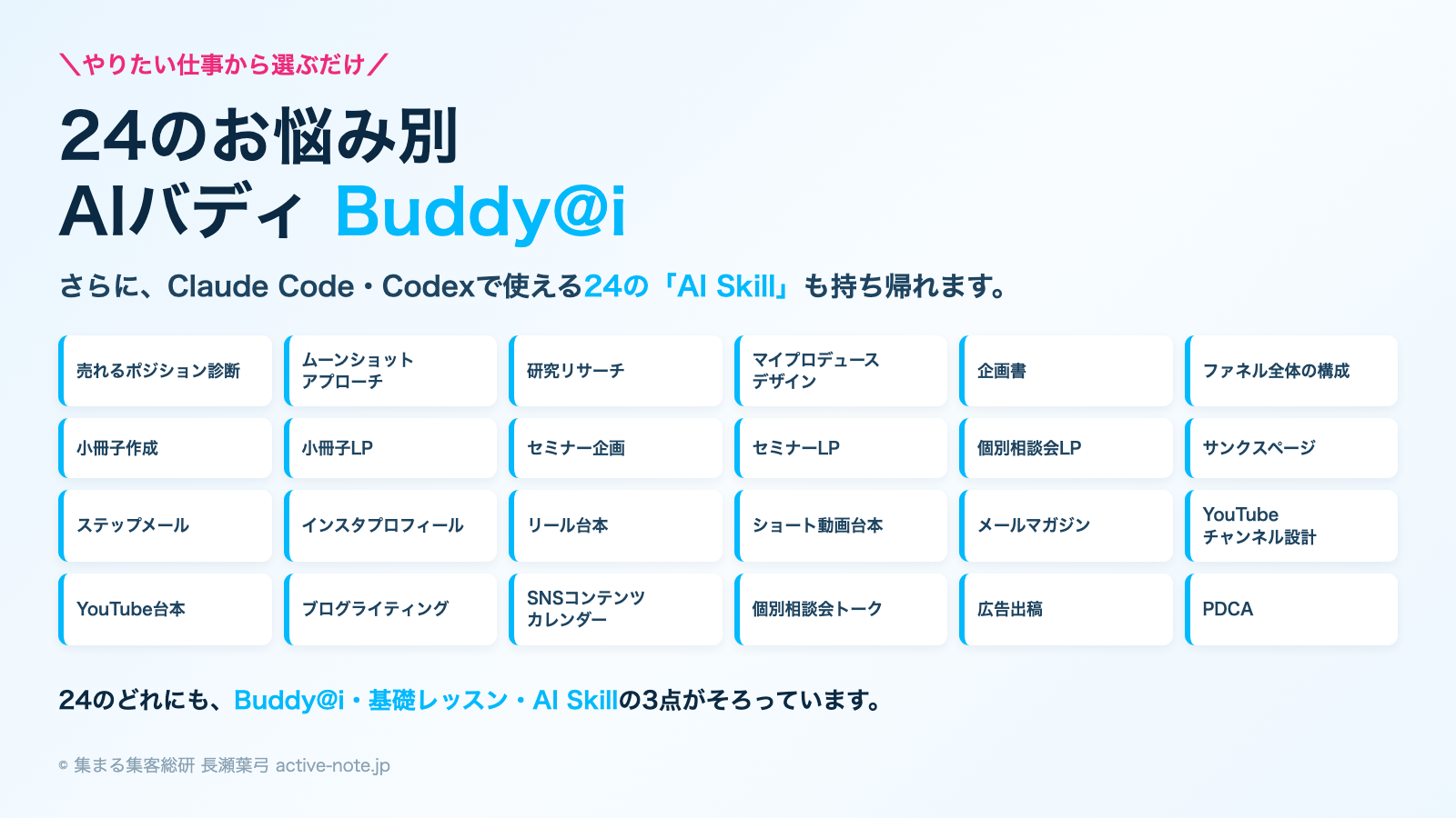 24のお悩み別AIバディ Buddy@i|Claude Code・Codexで使える24のAI Skillつき