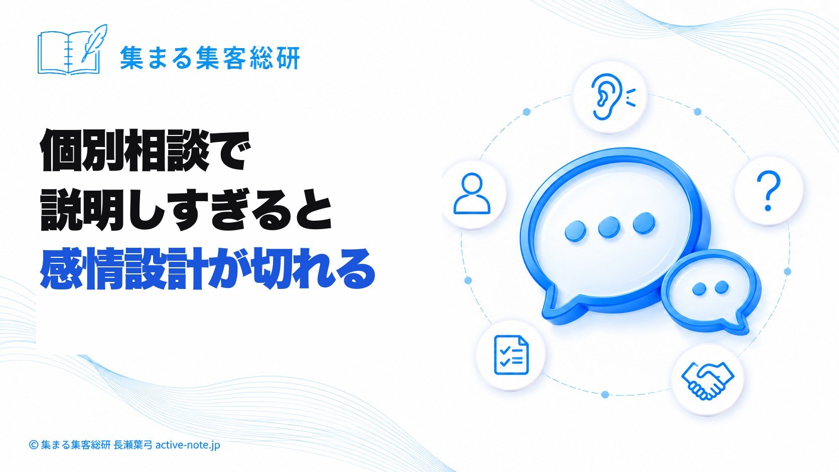 個別相談で説明しすぎると感情設計が切れる。大小2つの吹き出しと、耳・質問・お客様・事前アンケート・握手のアイコン