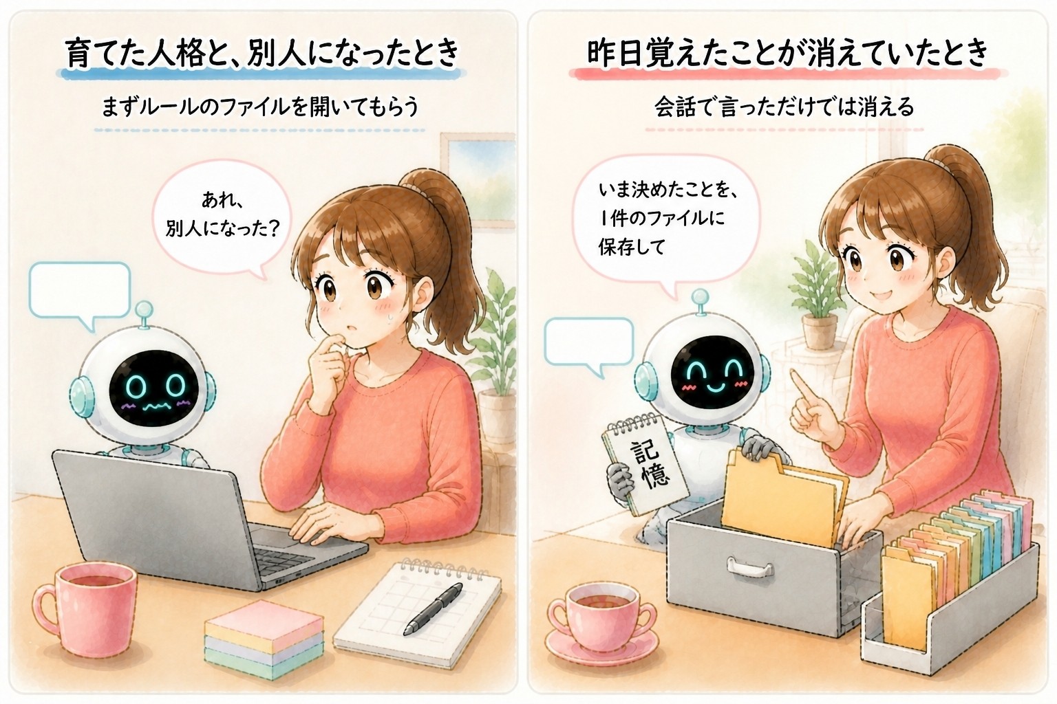 AIエージェント入門講座｜まんが：育てた人格と別人になったときは、まずルールのファイルを開いてもらう。昨日覚えたことが消えていたときは、会話で言っただけでは消えるので、いま決めたことを1件のファイルに保存してもらう｜© 集まる集客総研