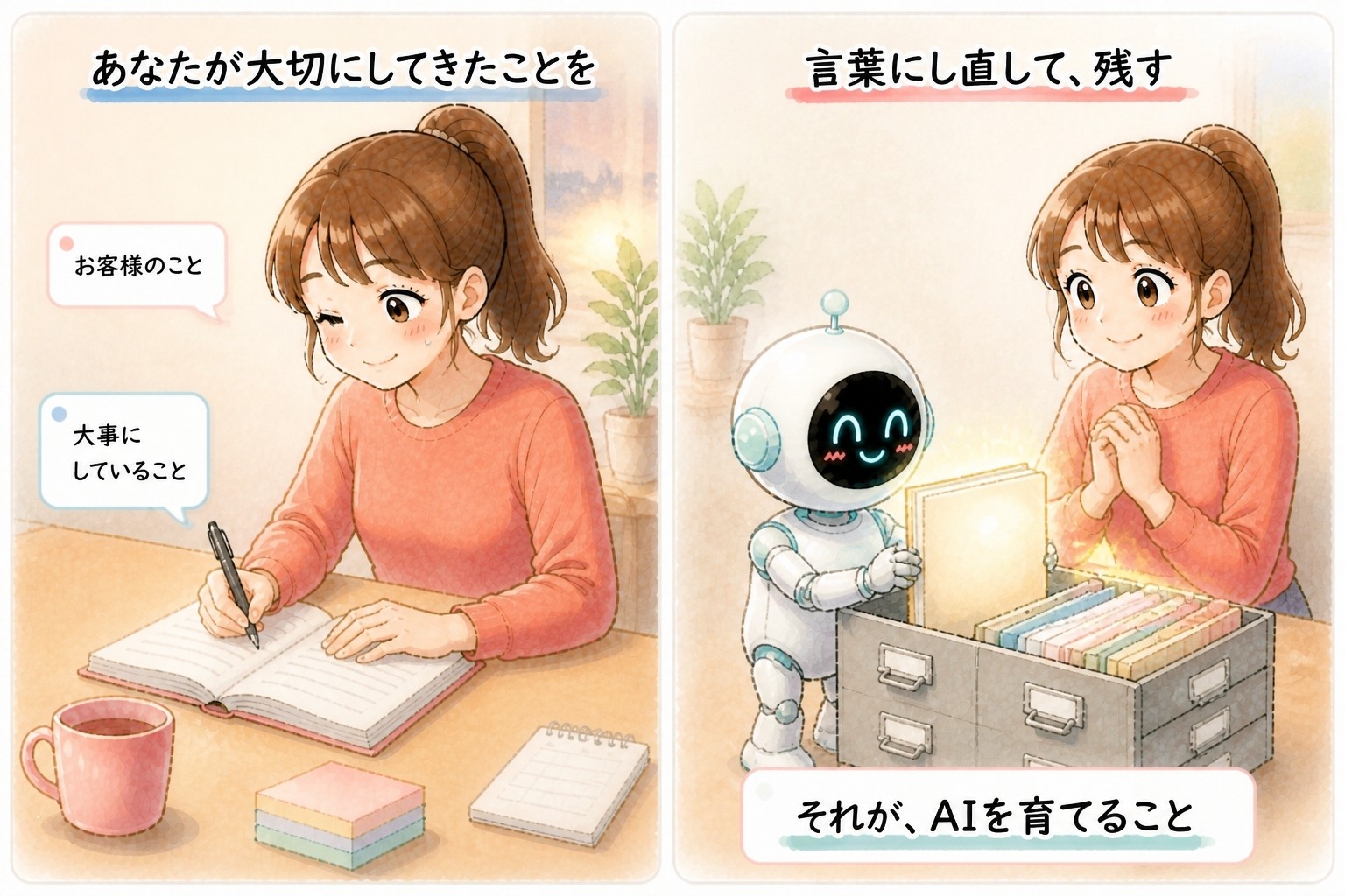 AIエージェント入門講座｜まんが：お客様のこと、大事にしていること。あなたが大切にしてきたことを言葉にし直して残す。それが、AIを育てること｜© 集まる集客総研