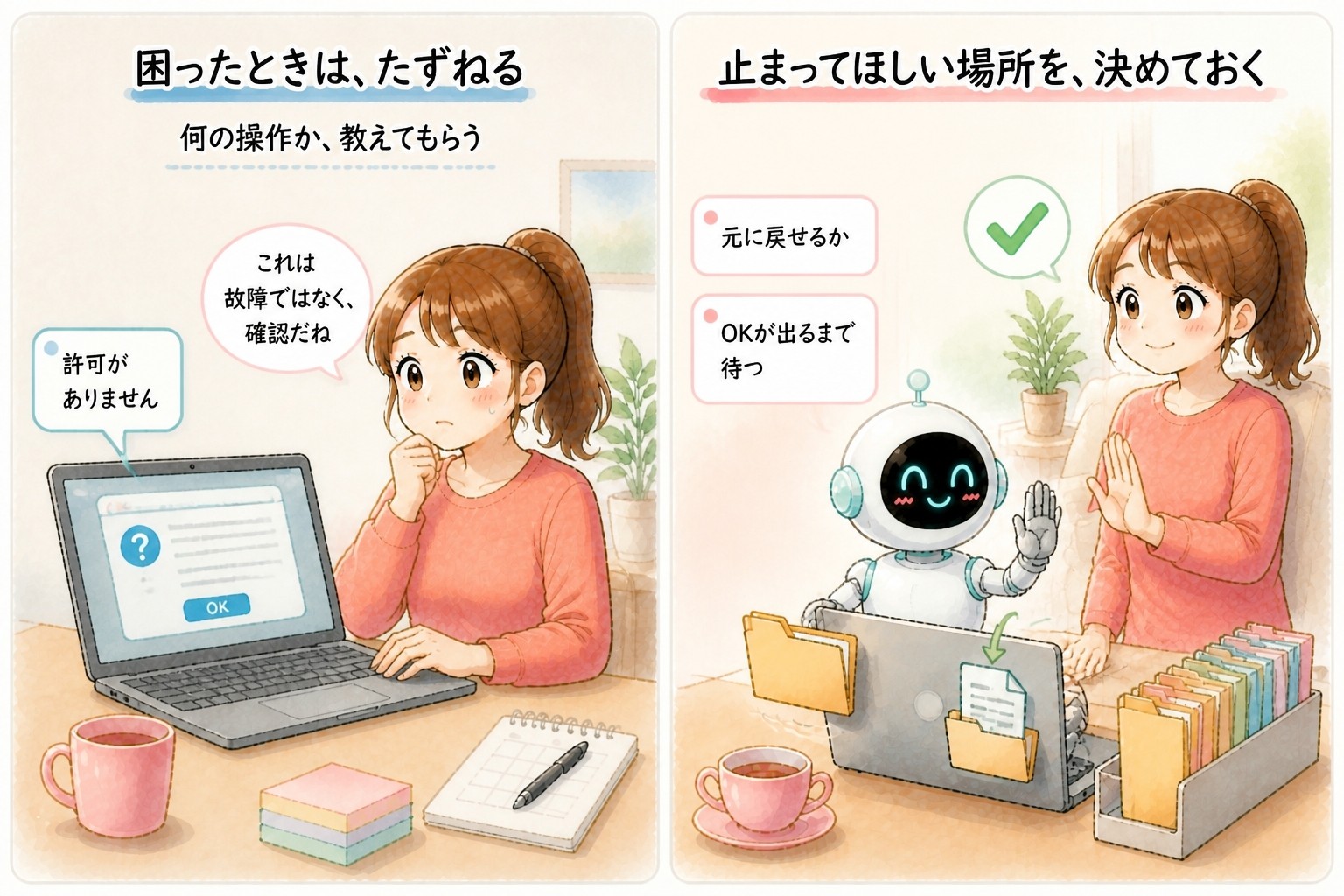 AIエージェント入門講座｜まんが：「許可がありません」と出て困ったときは、何の操作か教えてもらう。元に戻せるか、OKが出るまで待つか、止まってほしい場所を決めておく｜© 集まる集客総研