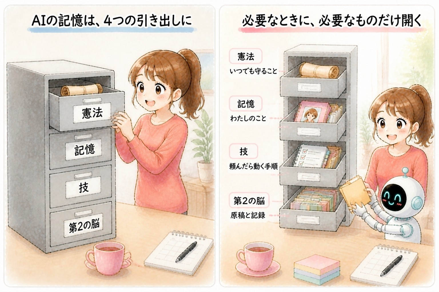 AIエージェント入門講座｜まんが：AIの記憶は4つの引き出しに。憲法はいつでも守ること、記憶はわたしのこと、技は頼んだら動く手順、第2の脳は原稿と記録。必要なときに、必要なものだけ開く｜© 集まる集客総研
