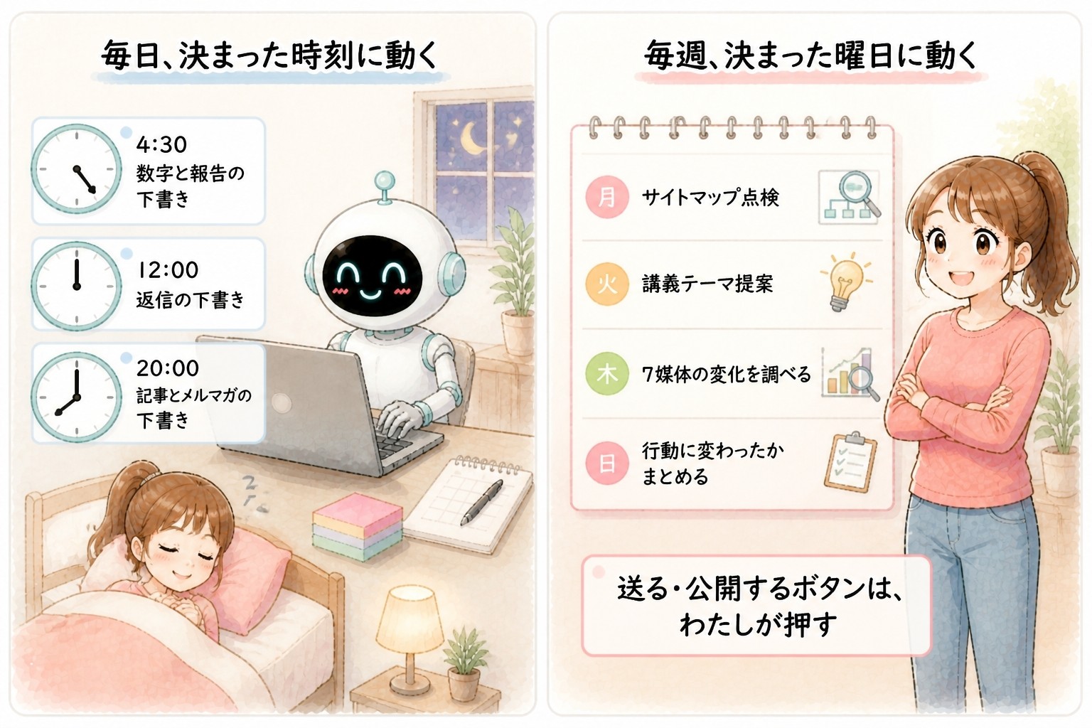 AIエージェント入門講座｜まんが：🍀🌻h1は毎日決まった時刻に動く。4:30は数字と報告の下書き、12:00は返信の下書き、20:00は記事とメルマガの下書き。毎週決まった曜日にも動く。月曜はサイトマップ点検、火曜は講義テーマ提案、木曜は7媒体の変化を調べる、日曜は行動に変わったかまとめる。送る・公開するボタンは、わたしが押す｜© 集まる集客総研