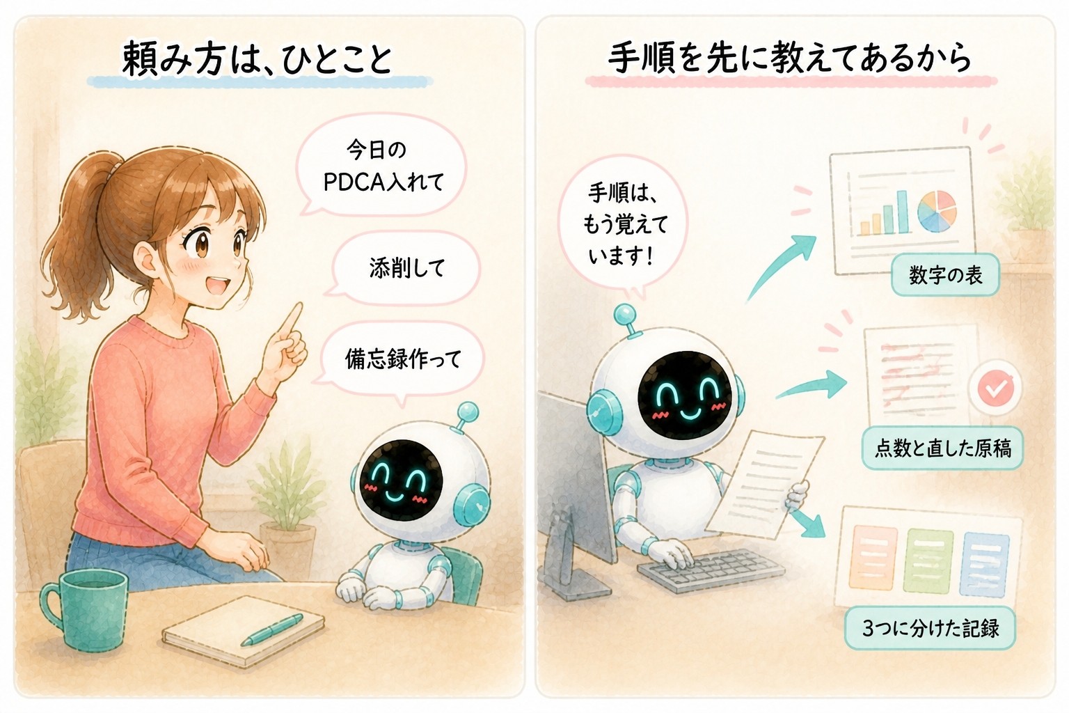 AIエージェント入門講座｜まんが：頼み方は「今日のPDCA入れて」「添削して」「備忘録作って」のひとこと。手順を先に教えてあるから、数字の表、点数と直した原稿、3つに分けた記録が返ってくる｜© 集まる集客総研