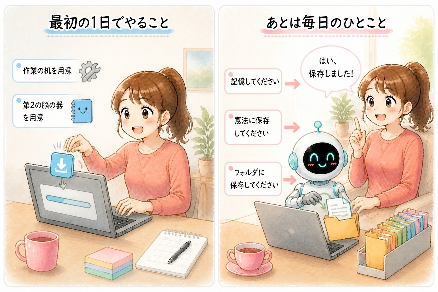 AIエージェント入門講座｜まんが：最初の1日で、作業の机と第2の脳の器を用意する。あとは毎日「記憶してください」「憲法に保存してください」「フォルダに保存してください」のひとこと｜© 集まる集客総研