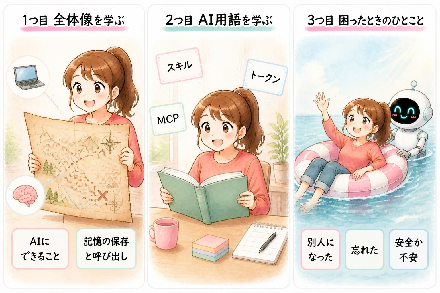 AIエージェント入門講座｜まんが：AIエージェント🔰ガイダンスの全体地図。1つ目は全体像を学ぶ（AIにできること、記憶の保存と呼び出し）。2つ目はAI用語を学ぶ（スキル、MCP、トークン）。3つ目は困ったときのひとこと（別人になった、忘れた、安全か不安）｜© 集まる集客総研