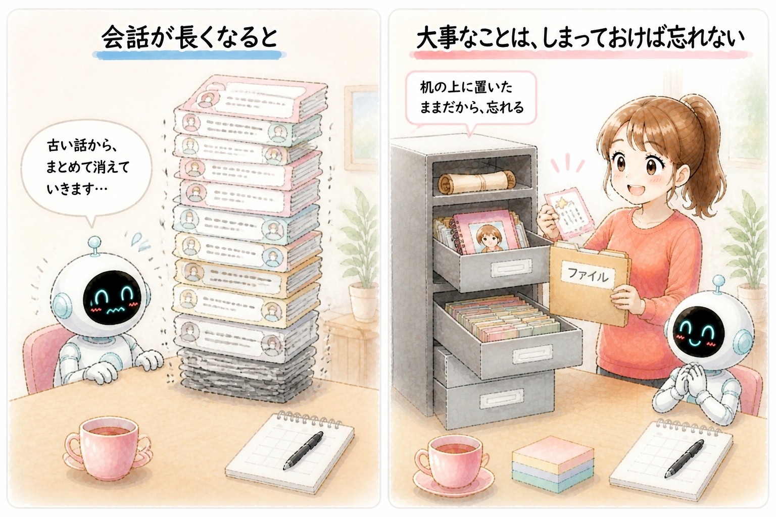 AIエージェント入門講座｜まんが：会話が長くなると、古い話からまとめて消えていく。机の上に置いたままだから忘れる。大事なことは、引き出しにしまっておけば忘れない｜© 集まる集客総研