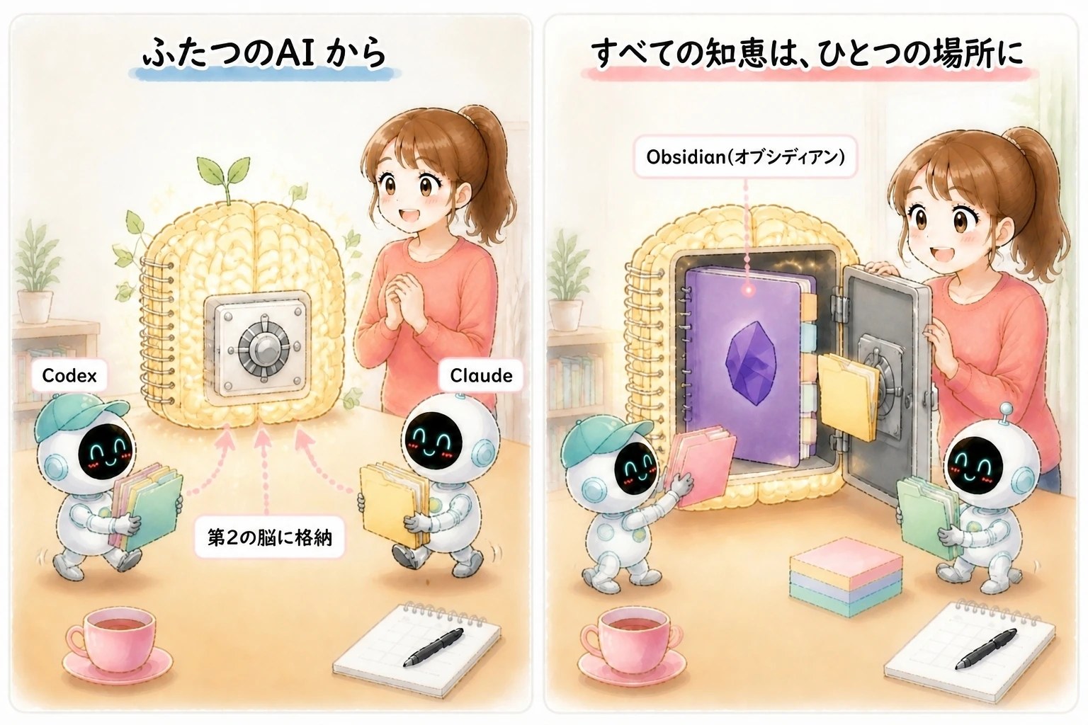 ふたつのAIから、すべての知恵はひとつの場所に｜CodexとClaudeが集めた記録を、Obsidian（オブシディアン）の第2の脳に格納する｜AIエージェント入門講座｜© 集まる集客総研