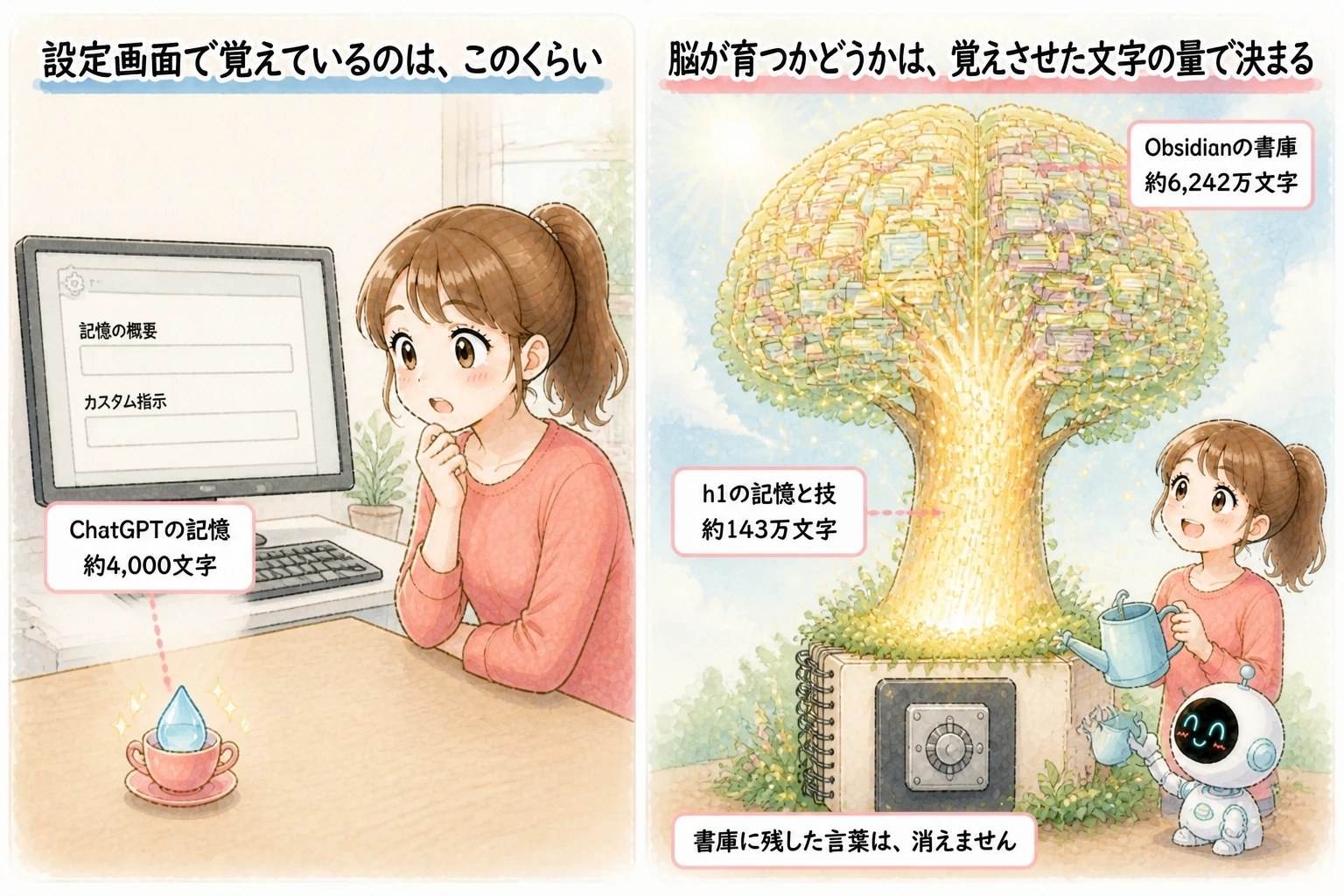 設定画面で覚えているのは、このくらい｜脳が育つかどうかは、覚えさせた文字の量で決まる｜ChatGPTの記憶 約4,000文字・h1の記憶と技 約143万文字・Obsidianの書庫 約6,242万文字｜AIエージェント入門講座｜© 集まる集客総研