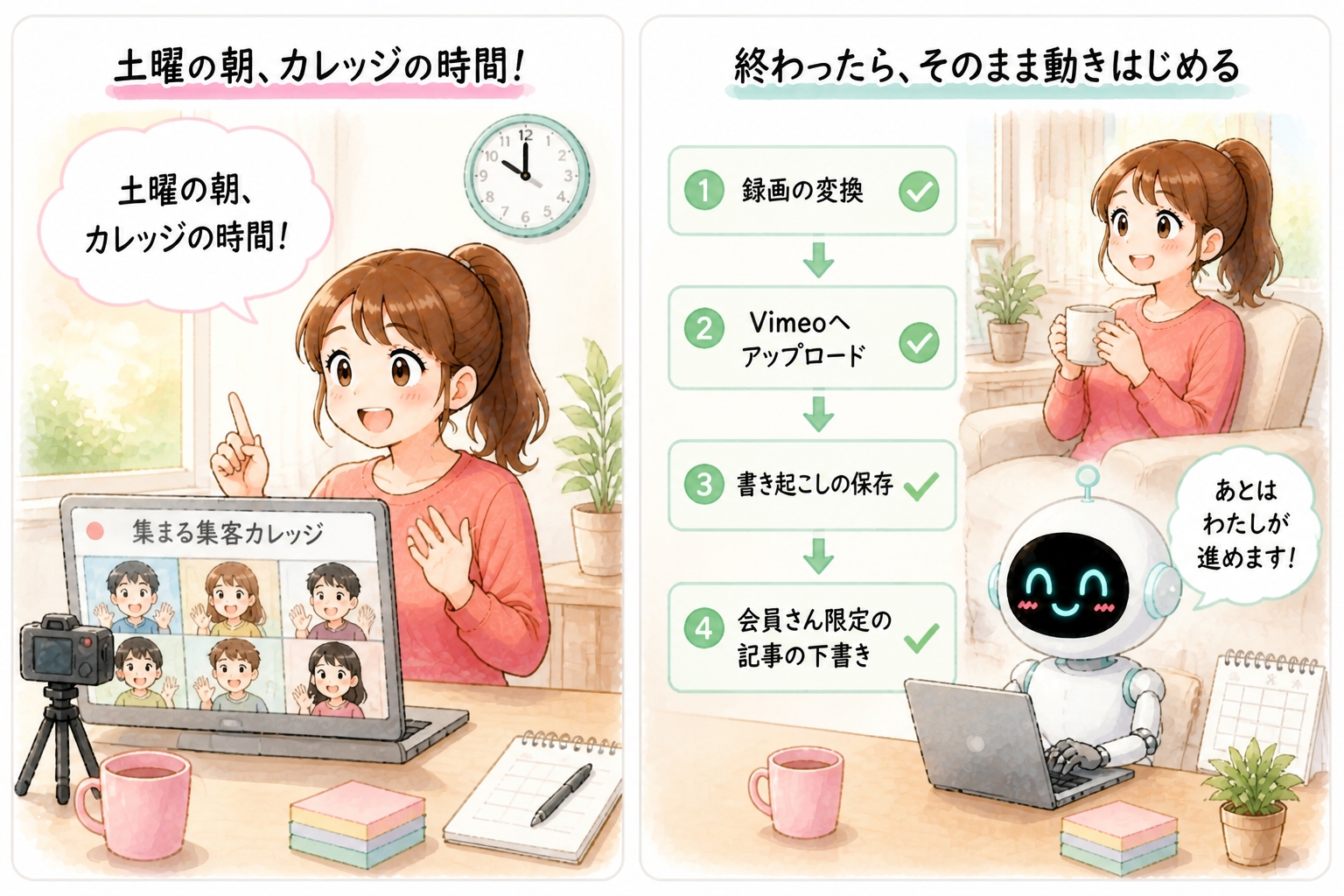 土曜の朝に開いている「集まる集客カレッジ」が終わると、
録画の変換とVimeoへのアップロード、書き起こしの保存、
会員さん限定の記事の下書き、花丸報告の動画をリールとショート動画にして
毎日自動的にショート動画をアップさせるところまでを進めてくれます。