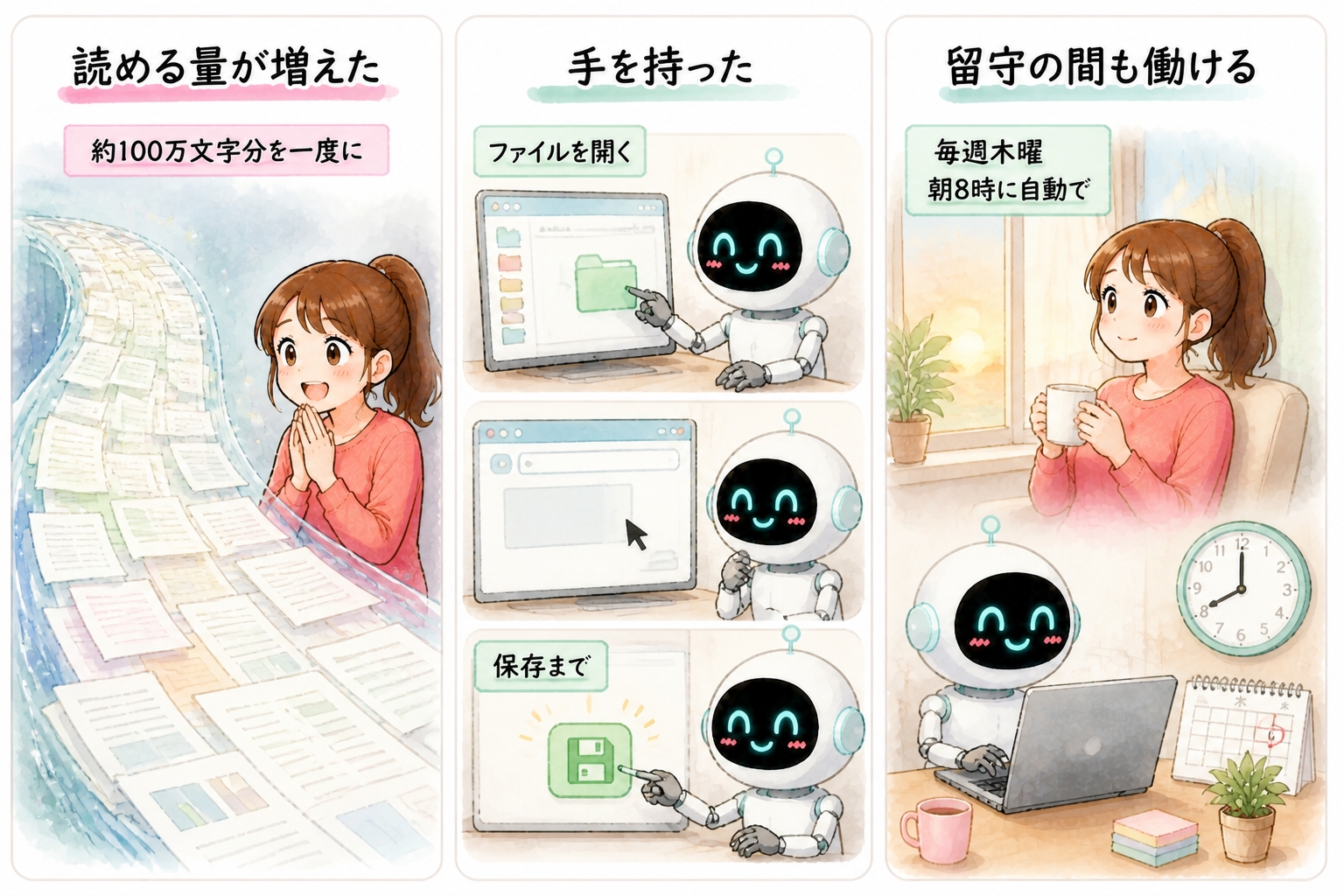 1つ目は、読める量が増えたことです。
わたしの研究ノート（2026年5月29日）には、
Anthropic社のAI「Claude」の発表として、
約100万文字分の文章を一度に読み込めるようになったことを記録しています。
2つ目は、手を持ったことです。
文章を返すだけでなく、パソコンの中のファイルを開き、
ブラウザを操作し、下書きの保存まで進められるようになりました。
3つ目は、留守の間も働けることです。
決めた時刻に、決めた調べものを自動で進められます。
わたしの場合、毎週木曜の朝8時に、
SNSや検索の仕組みの変化を調べる作業が自動で動いています。