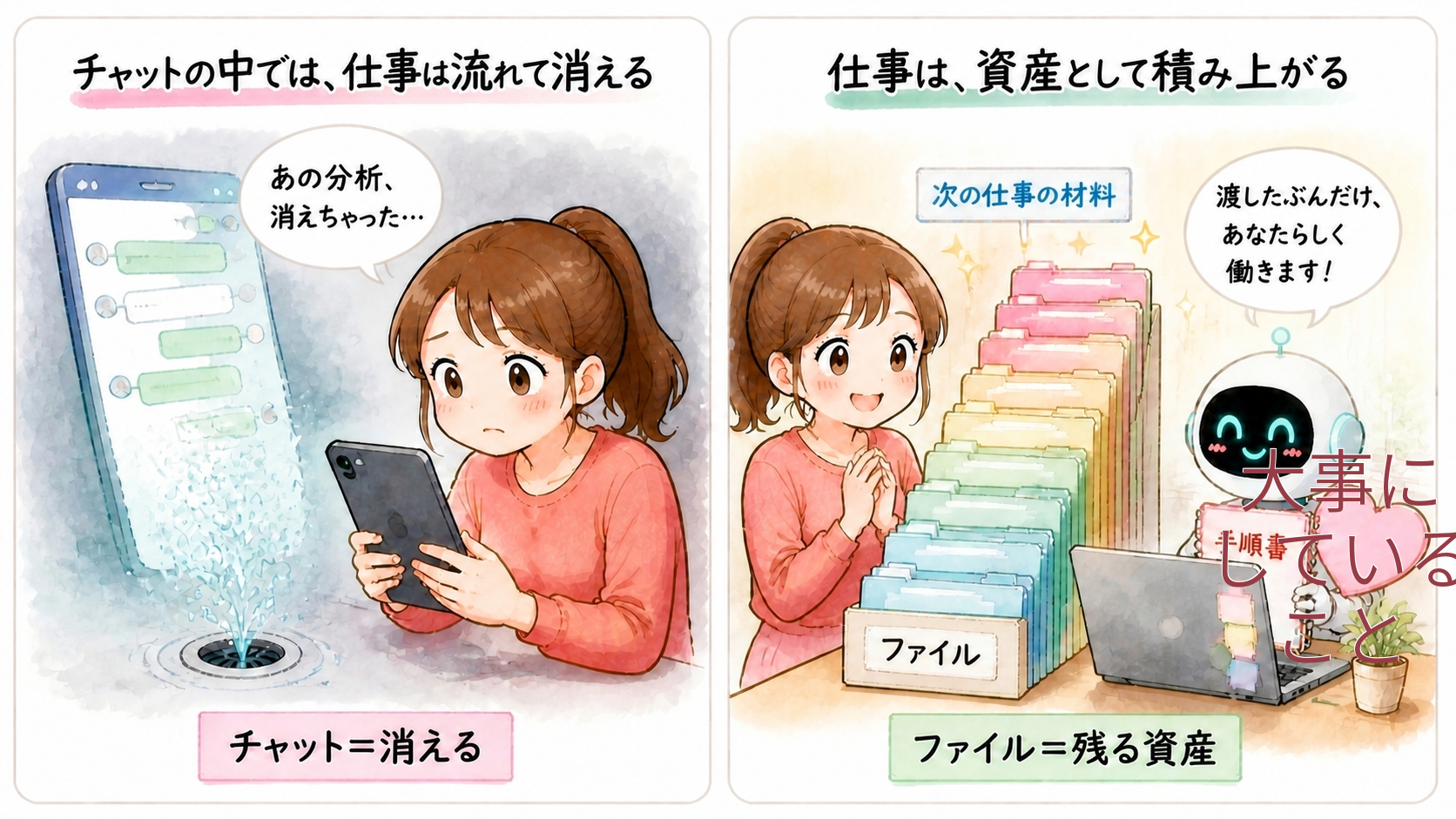 AIを自分で育てると、なぜ経営者にとってメリットがあるの？
いちばん大きいのは、
あなたの判断の基準が、あなたがいない時間にも働くことです。
1つ目は、説明の時間が消えることです。
お客様のこと、文体、使わない言葉。
毎回の前置きがなくなり、1往復目から本題に入れます。
2つ目は、質の下限が上がることです。
「この言葉は使わない」「疑問形は？で終える」といった決まりを、
AIが先に守ってくれるので、直す回数が減りました。
3つ目は、仕事が資産として積み上がることです。