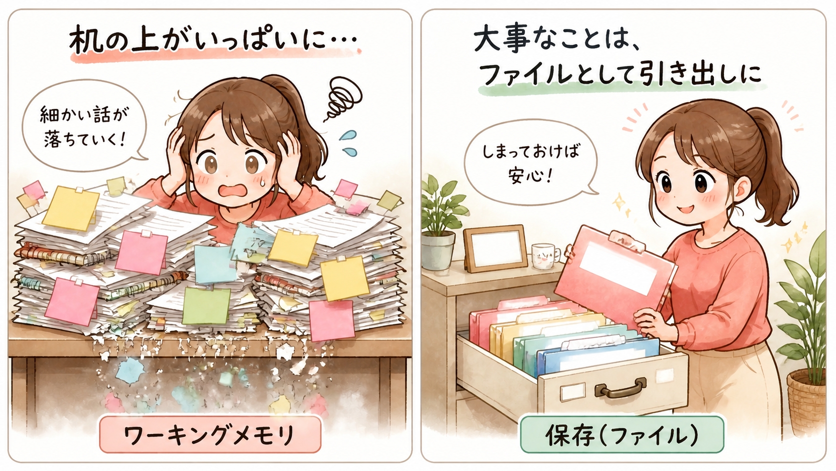 AIがその場で覚えていられる量には限りがあるんです。これをワーキングメモリと呼びます。
人でいえば、机の上に広げておける書類の広さです。
会話が長くなると、机の上がいっぱいになり、
古い話は短くまとめられて、細かいところが落ちていきます。