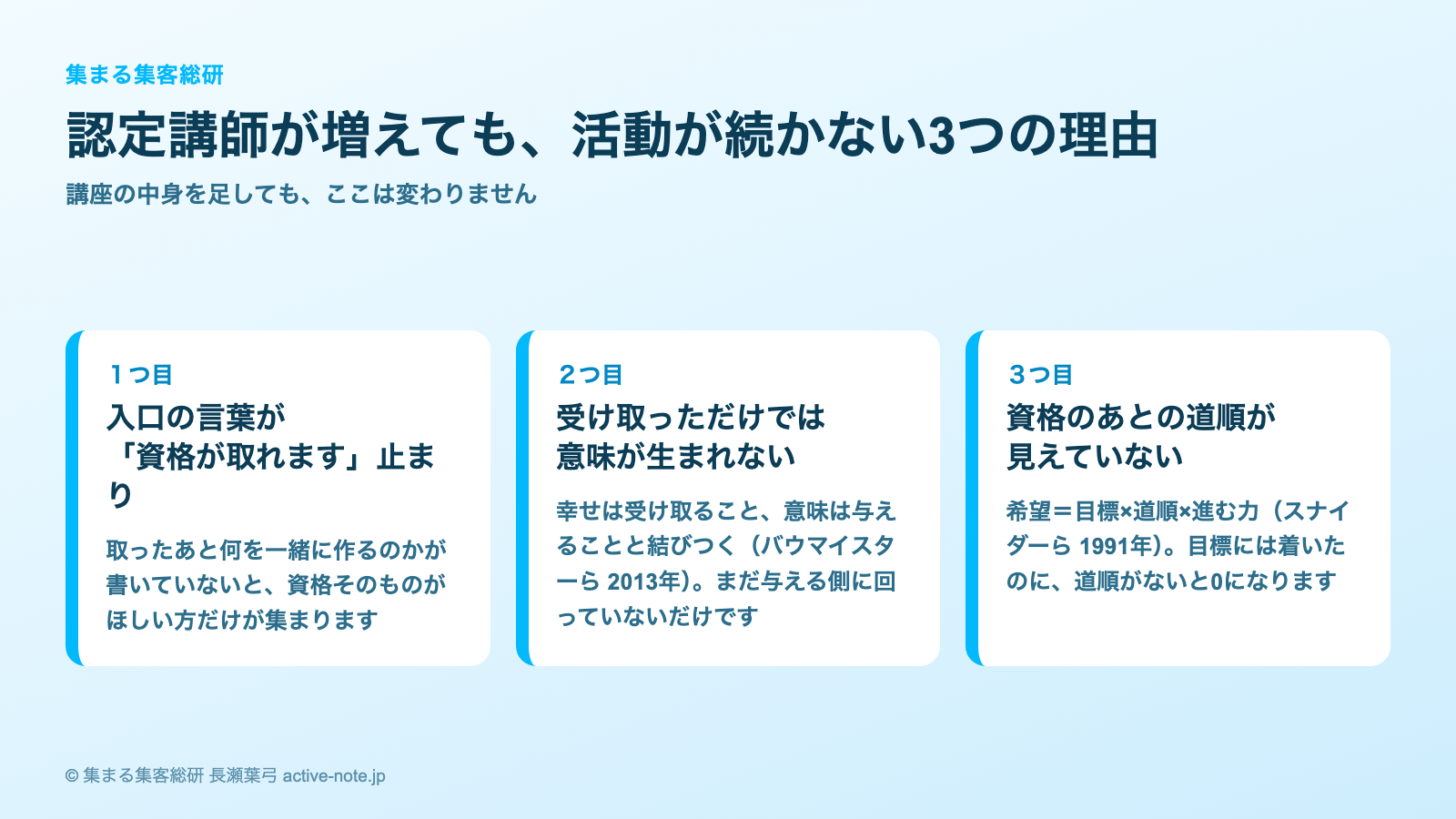 認定講師は増えるのに活動が続かないとき|活動が続かない3つの理由|© 集まる集客総研