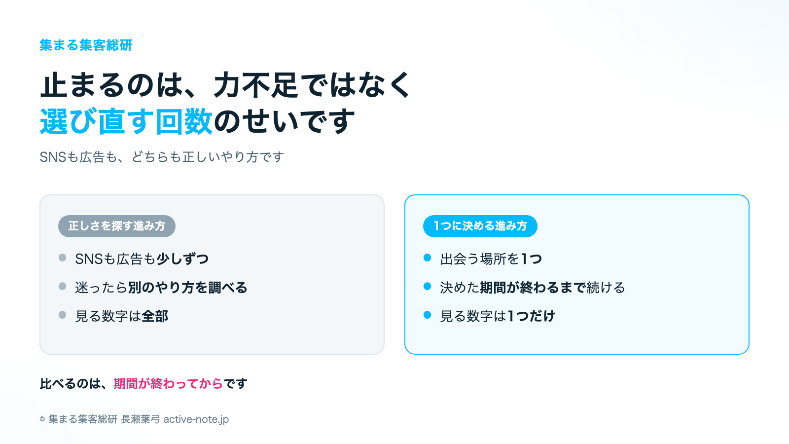 講座やサロンを続けてきて、数歩踏み出しては止まり、SNSの発信も広告も何が正しいのかわからないときの考え方|止まる進み方と、1つに決める進み方の違い|© 集まる集客総研