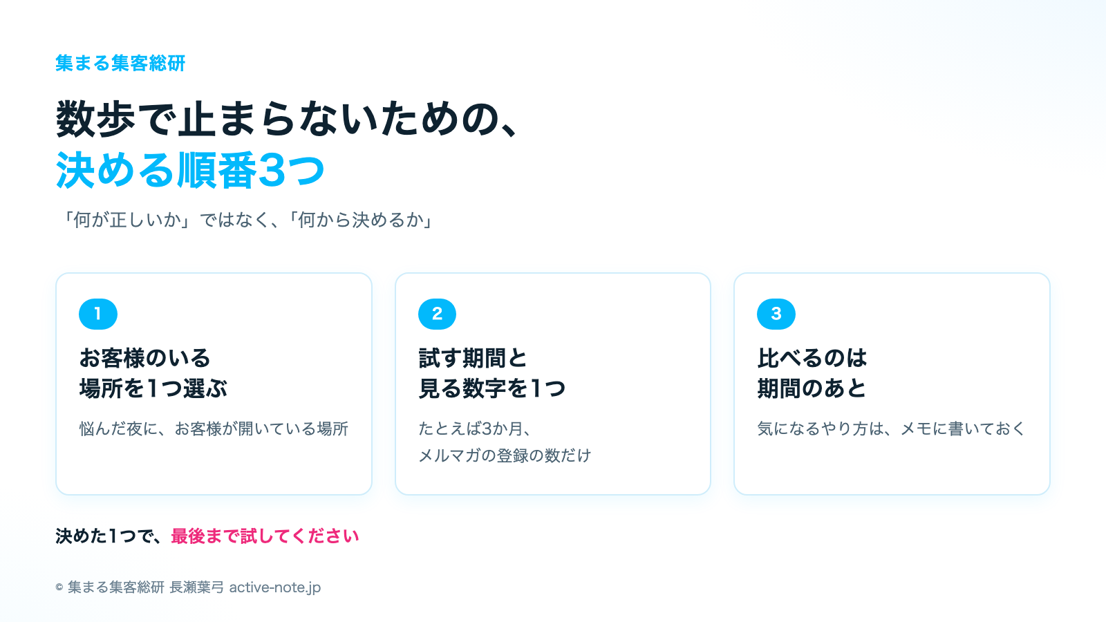 講座やサロンを続けてきて、数歩踏み出しては止まり、SNSの発信も広告も何が正しいのかわからないときの考え方|最初の1つを決める3つの順番|© 集まる集客総研