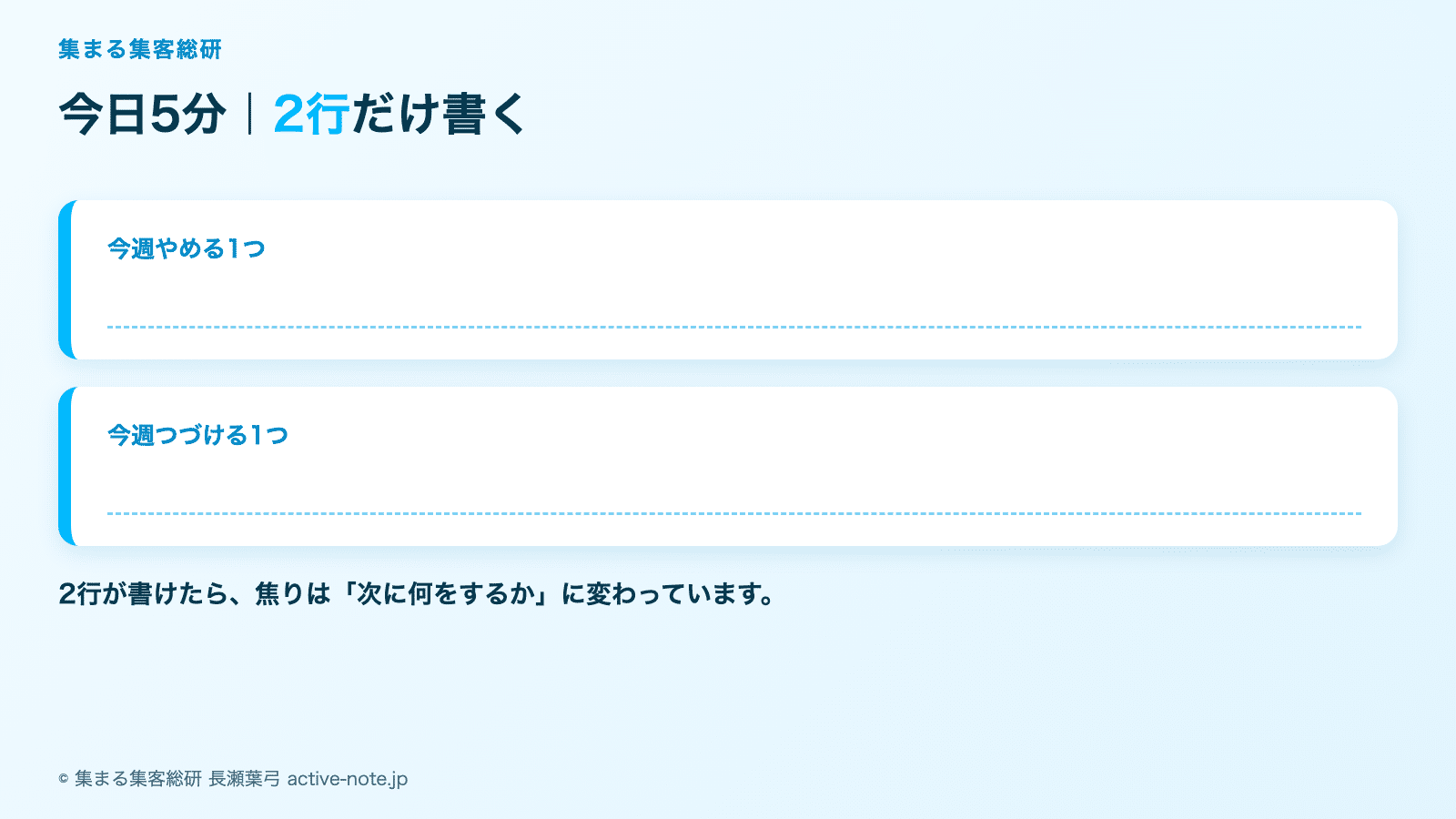 頑張っているのに結果が出なくて焦るとき|先にやめる3つと、誰に相談するかの図解。今週やめる1つ・今週つづける1つを書く © 集まる集客総研