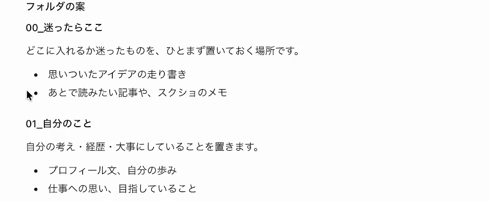 Claude Codeが出したフォルダの案。00_迷ったらここ（思いついたアイデアの走り書き、あとで読みたい記事やスクショのメモ）、01_自分のこと（プロフィール文・自分の歩み、仕事への思い・目指していること）、02_お客様のこと、と並んでいる