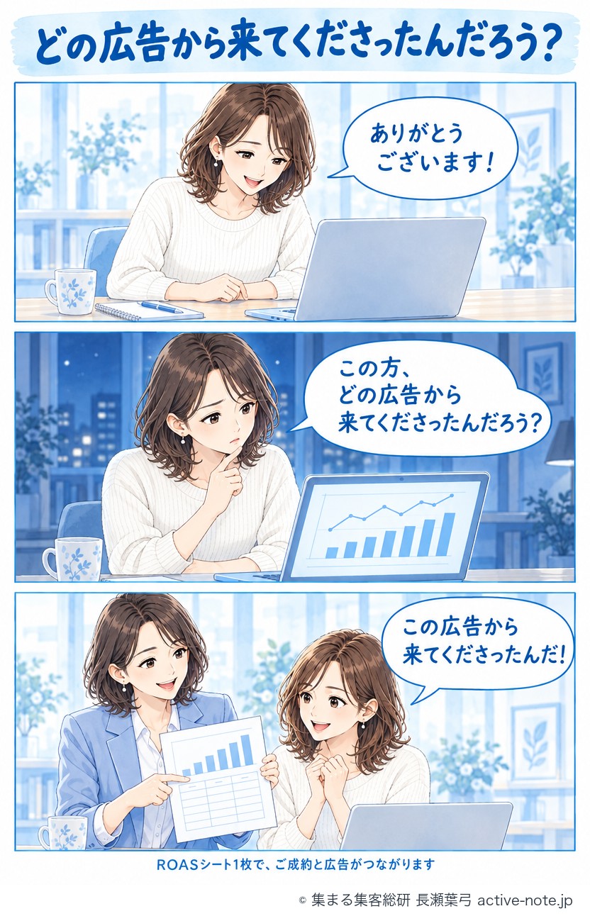 どの広告から来てくださったんだろう?個別相談のご成約のあと、広告の管理画面を見て首をかしげる女性が、メルマガの記録と表で「この広告から来てくださったんだ!」とわかるまでの3コマ漫画。ROASシート1枚で、ご成約と広告がつながります。