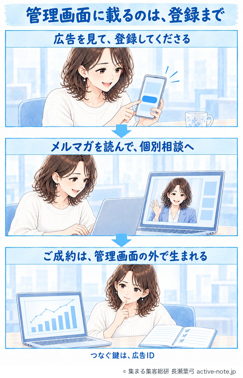 管理画面に載るのは、登録まで。広告を見て登録→メルマガを読んで個別相談へ→ご成約は管理画面の外で生まれる、の3コマ漫画。つなぐ鍵は、広告ID。