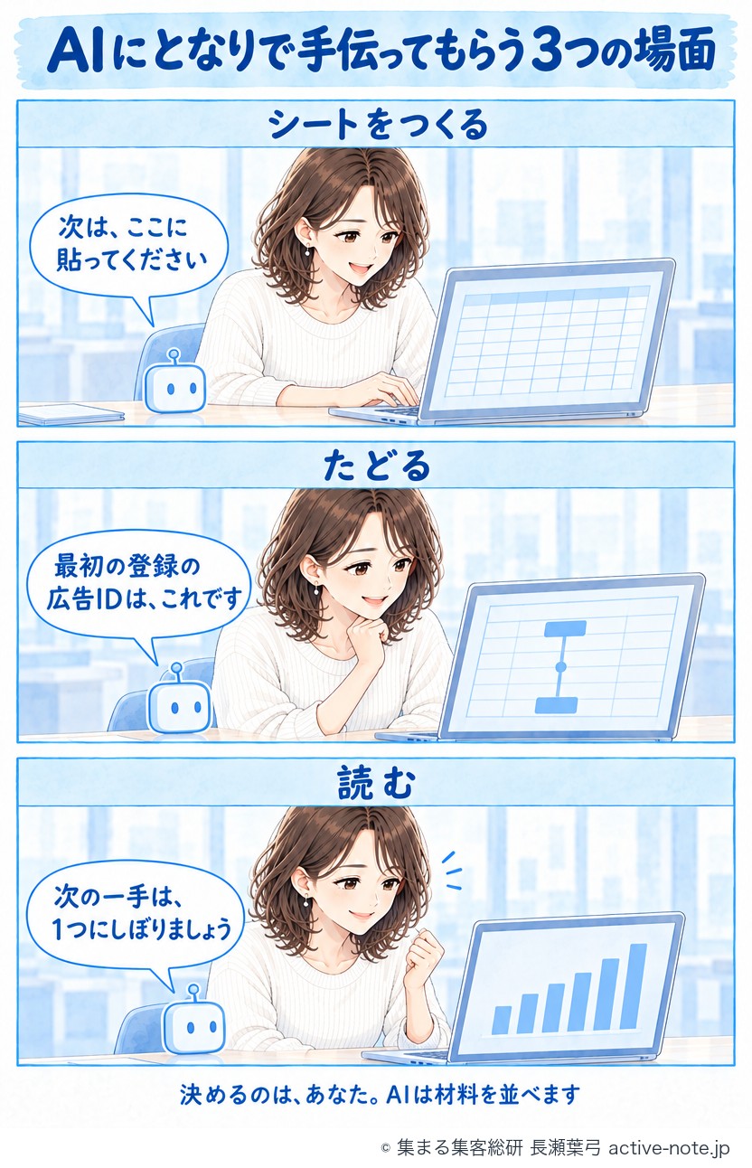 AIにとなりで手伝ってもらう3つの場面。シートをつくる・たどる・読むの3コマ漫画。決めるのは、あなた。AIは材料を並べます。