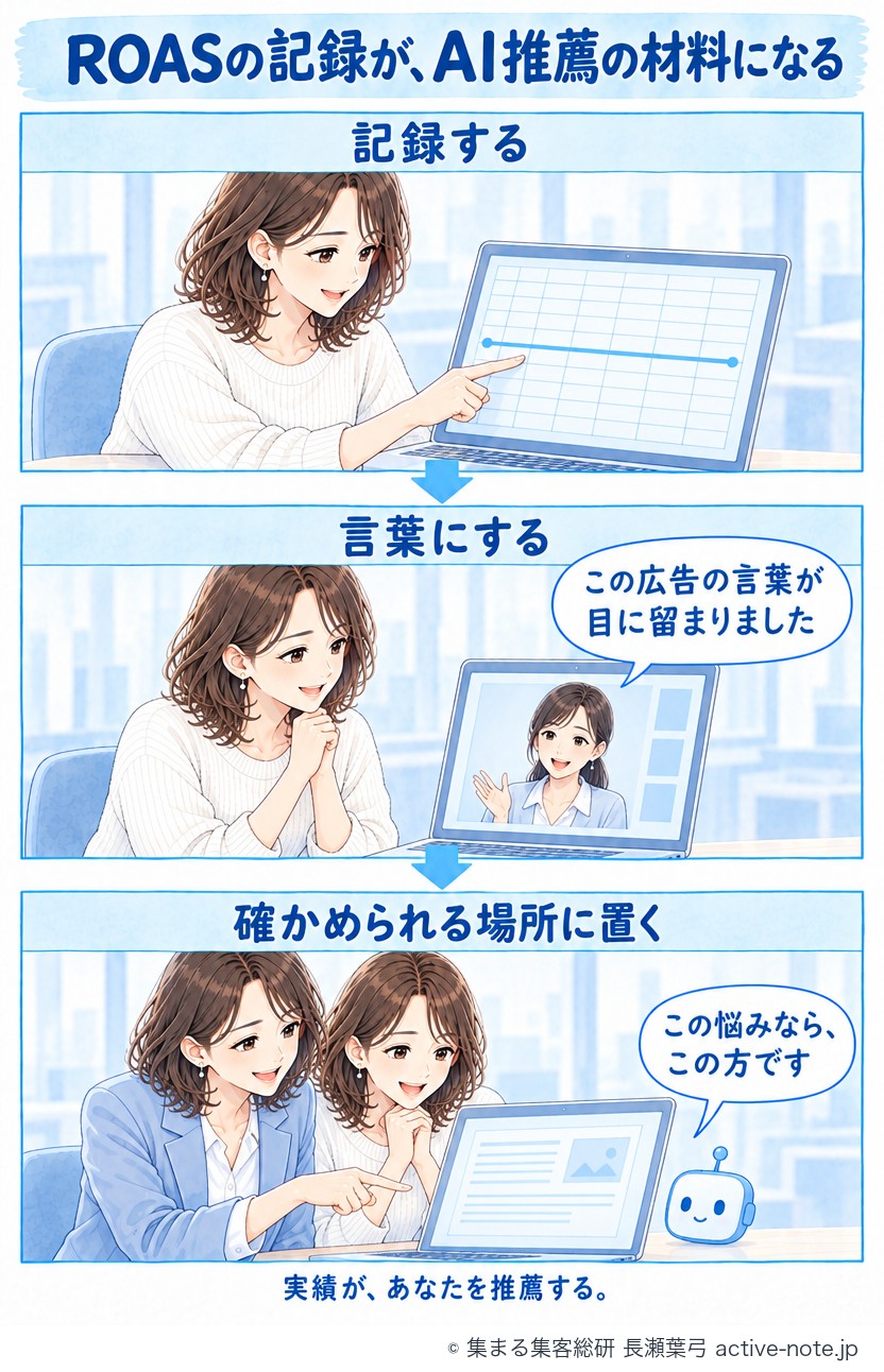 ROASの記録が、AI推薦の材料になる。記録する・言葉にする・確かめられる場所に置くの3コマ漫画。実績が、あなたを推薦する。