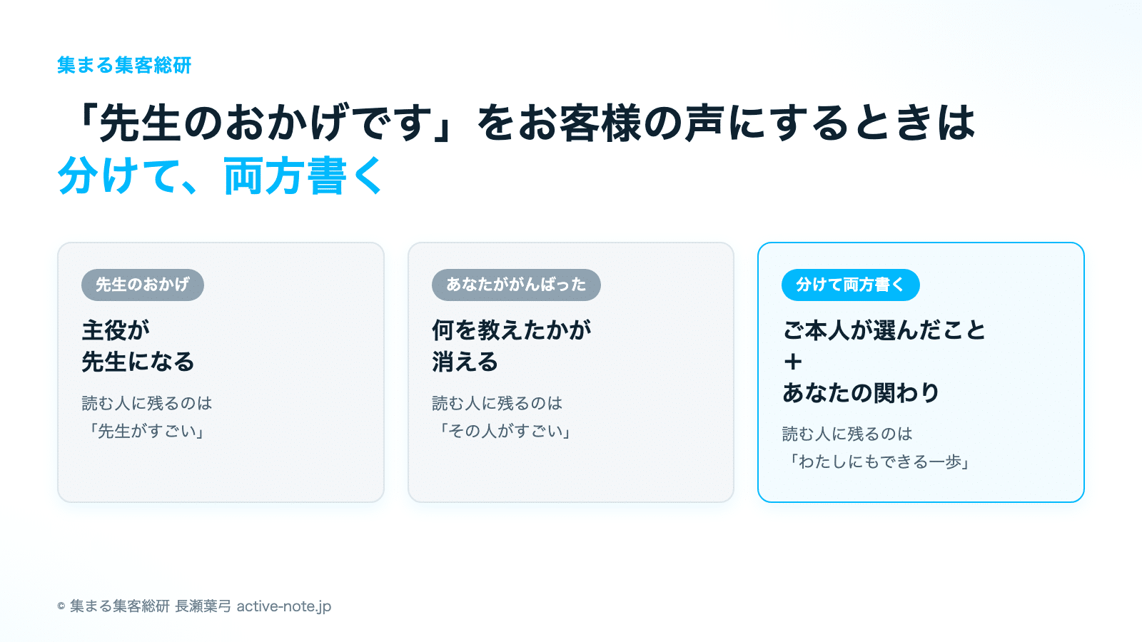 「先生のおかげです」をお客様の声にするときは、分けて両方書く